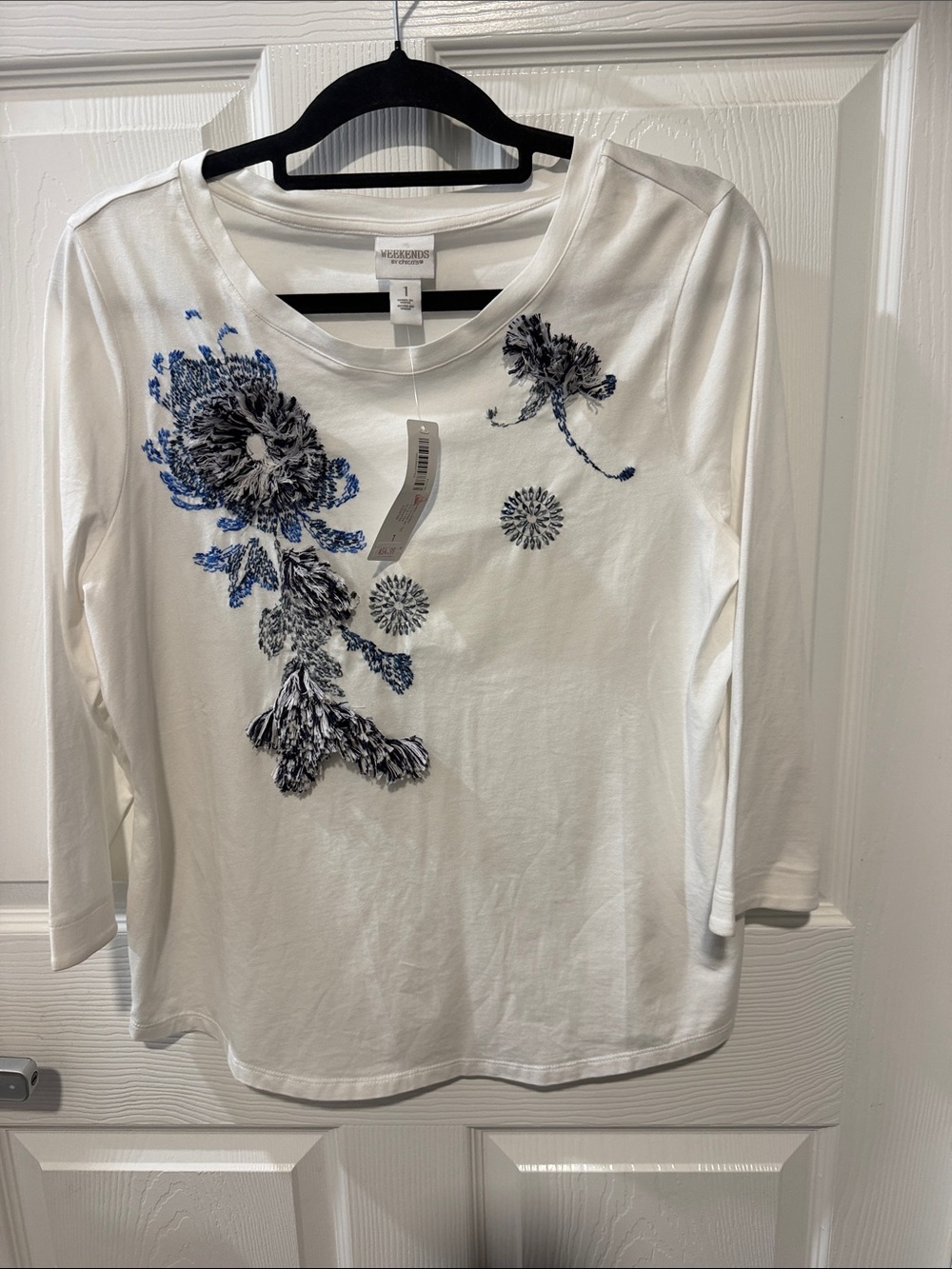 Chico's White Long-Sleeve Tee with Blue & Black Floral Embroidery